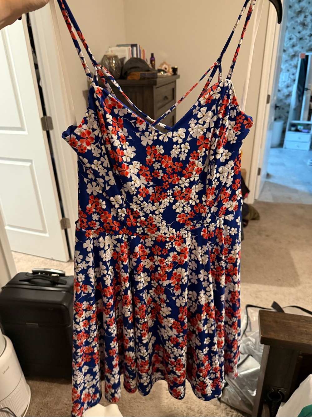 Blue Floral Spaghetti-Strap Mini Dress with Red & White Blooms